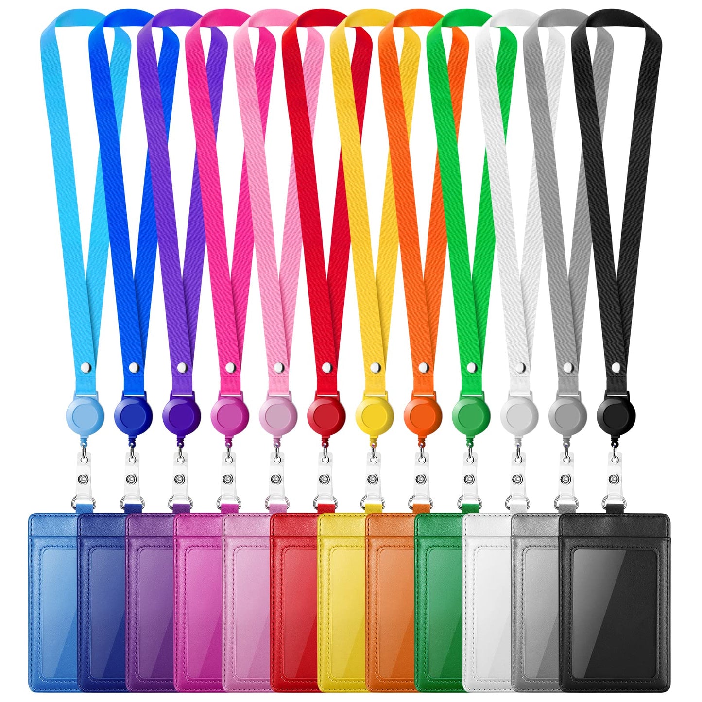 12 Pack ID Badge Holders with Retractable Lanyards Colorful Retractable Lanyards with Vertical Leather ID Badges for Office, School, Travel