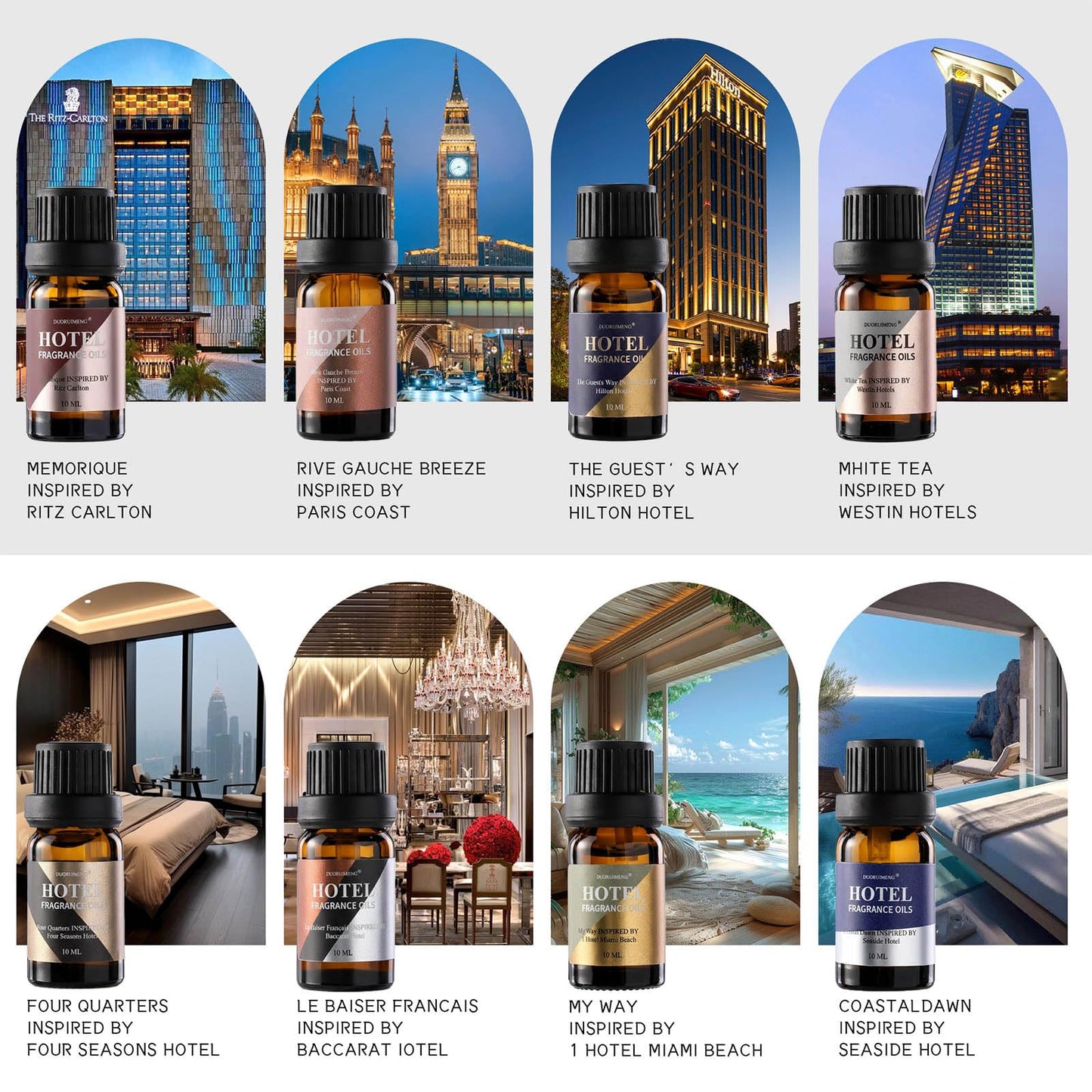 Hotel Diffuser Oil Gift Set - Inspired by 5-Star Hotel Scents - My Way,Ritz - C,Westin White Tea,Baccarat,Four Seasons,Hilton,Beachfront Villa,Paris Coast, Fragrance Oil Set