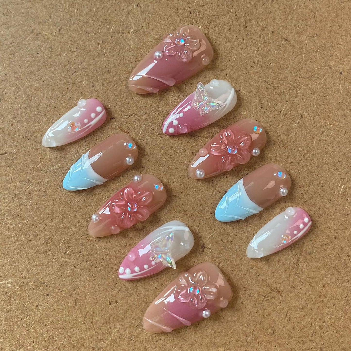 French Press on Nails Handmade Almond Nails Nude Medium Fake Nails with 5D Flower Art & Pear Design Handmade Nail Acrylic Nature False Nails for Wome (Size M)