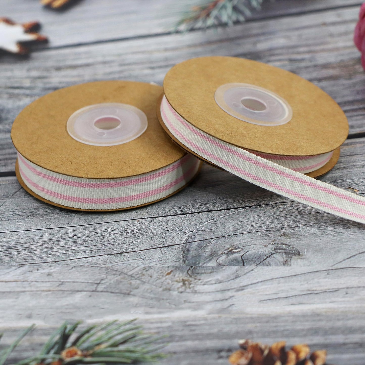YERELO 10Yard x 2Roll Set Cotton Stripe Ribbon 5/8" and 3/8" Pink Stripe Ribbons for Christmas Tree Crafts,Wedding Wreath,Gift Wrapping,Decoration and DIY Handmade Hair Bows