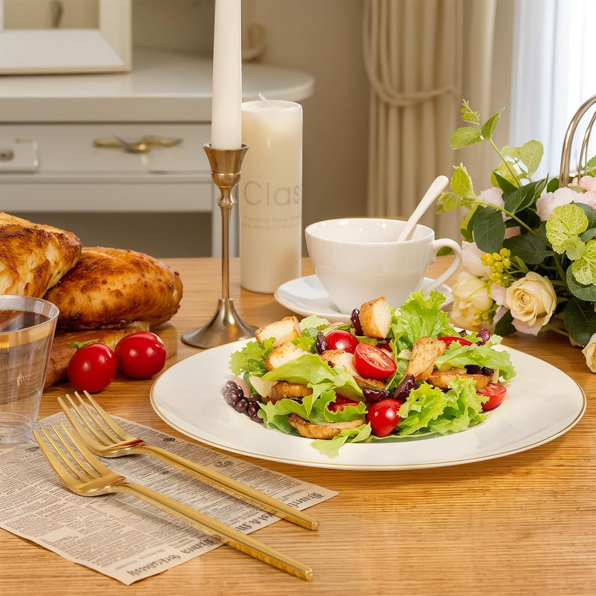 PULOTE 100PCS Ivory Plastic Plates - Cream Plastic Disposable Heavy Duty for Party & Thanksgiving - Include 50 Each (Dinner & Dessert) Plates