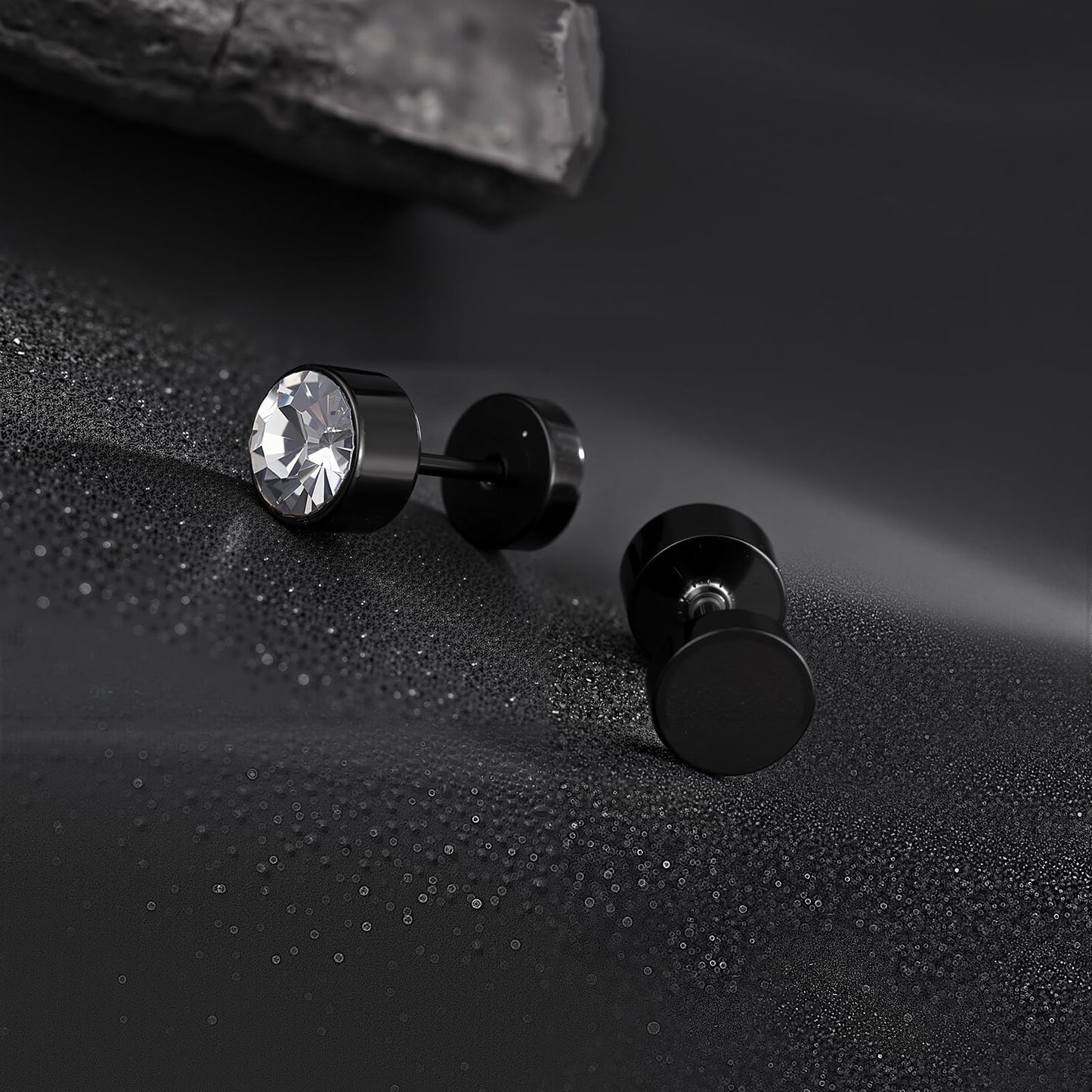 VOLUKA Stainless Steel Flat Back Stud Earrings,Hypoallergenic Titanium Black Gold Plated Cubic Zirconia Stud Earrings for Women Men