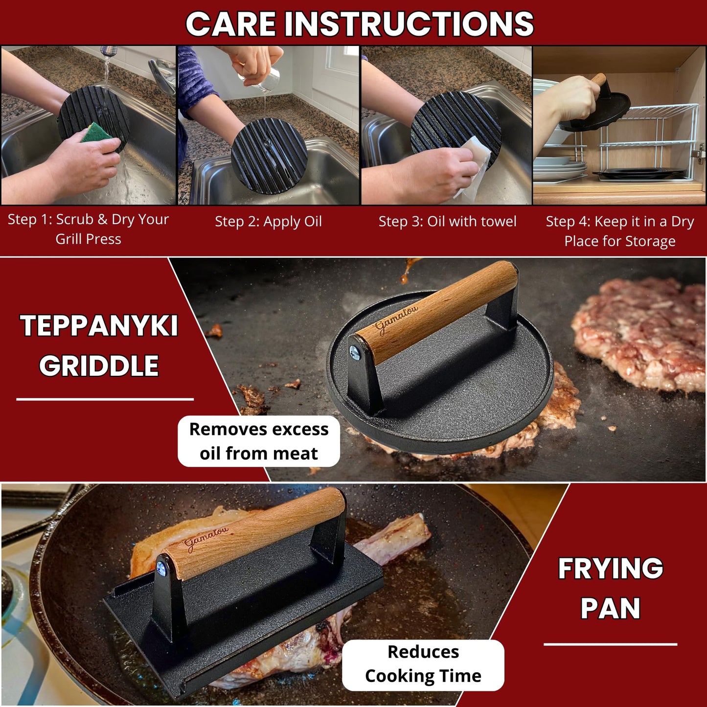 Gamalou® Smashed Burger Press BBQ Kit: 7" Black Round & 8.2x4.3 Rectangle Cast Iron Bacon Press, 3 in 1 Patty Maker, Spatula 6x5, Burger Press Griddle Set for Blackstone, Traeger, Grills, Fry Pan