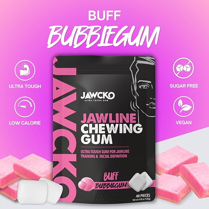 JAWCKO Ultra-Tough Jawline Chewing Gum | Get a Stronger, Squarer Jawline | Bubblegum Jaw Training Hard Gum | 15X Strength | Chisel, Sculpt, Tone your Jaw | Facial Fitness Mewing Gum | 40 Pieces/Pack