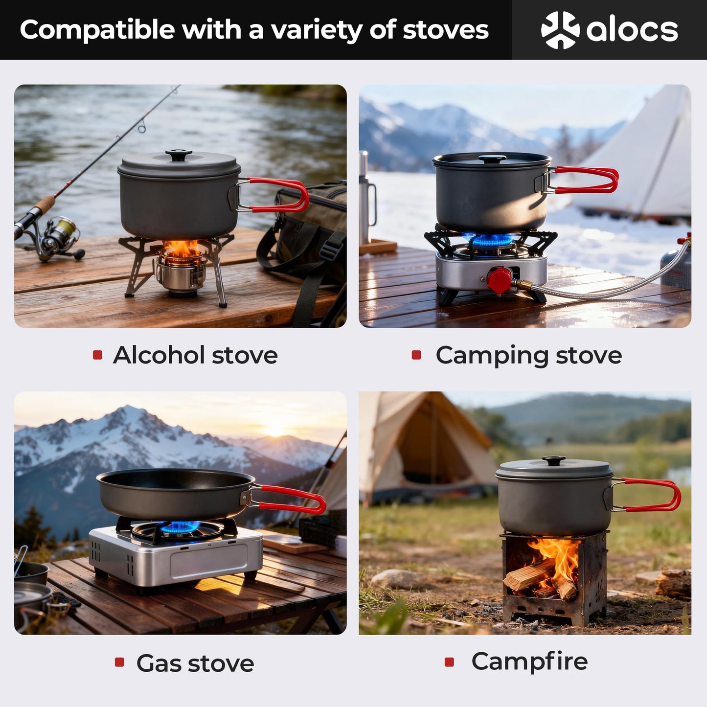 Alocs Camping Cookware, Aluminum Camping Cooking Set Camp Kitchen, Portable Camping Pots and Pans Set Essentials Mess Kit for Backpacking, Outdoor Cooking and Picnic