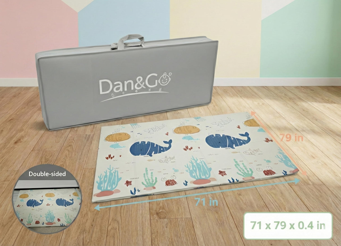 DAN&GO Extra Large Baby Play Mat, Foldable, Double-Sided, Beige, Non-Toxic XPE Material, Portable Activity Floor Mat for Babies 0-12 Months & Kids, Educational Design (Ocean, 71 * 79 * 0.4)