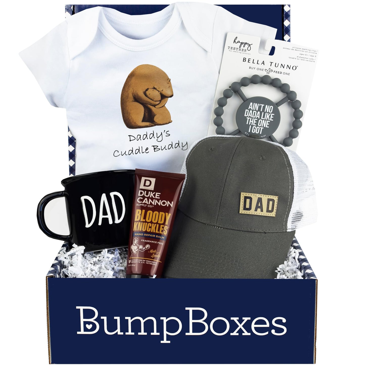 Bump Boxes, New Dad Gift Box with Mug, Hat, Teether, Onesie and Balm, Unique Kit for First time or Expecting Father, Fathers Gifts for Men
