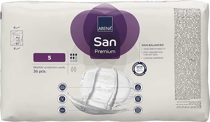Abena San Premium Incontinence Pads, Moderate Absorbency, (Sizes 4 to 7), Size 5, 36 Count