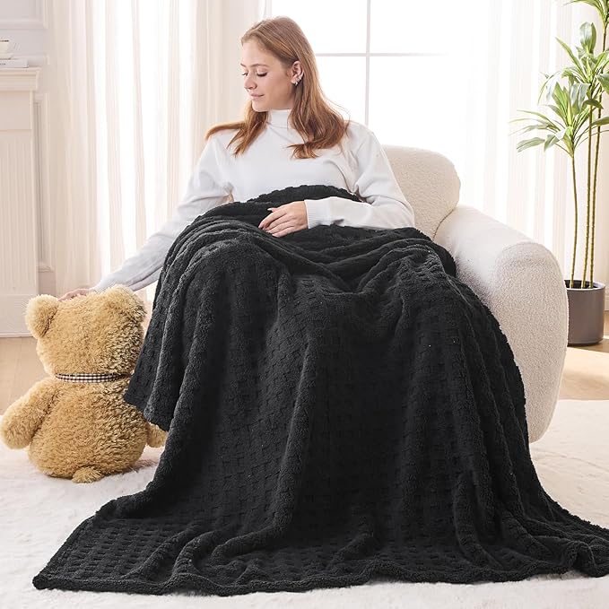 NEWCOSPLAY Super Soft Throw Blanket Black Premium Silky Flannel Fleece 3D Waffle Checkered Lightweight Bed Blanket All Season Use (Black, Throw(50"x70"))