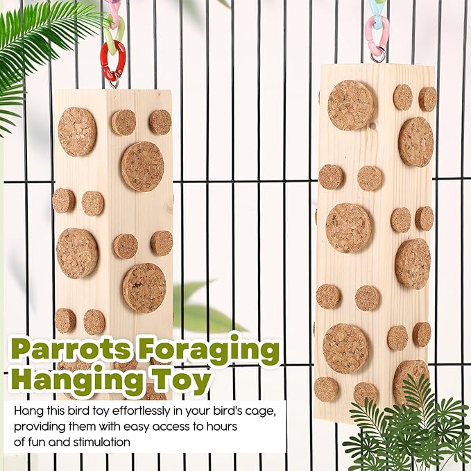 Skyygemm 2 Pcs Parrot Chew Toys Wooden Cork Foraging Hanging for Macaws