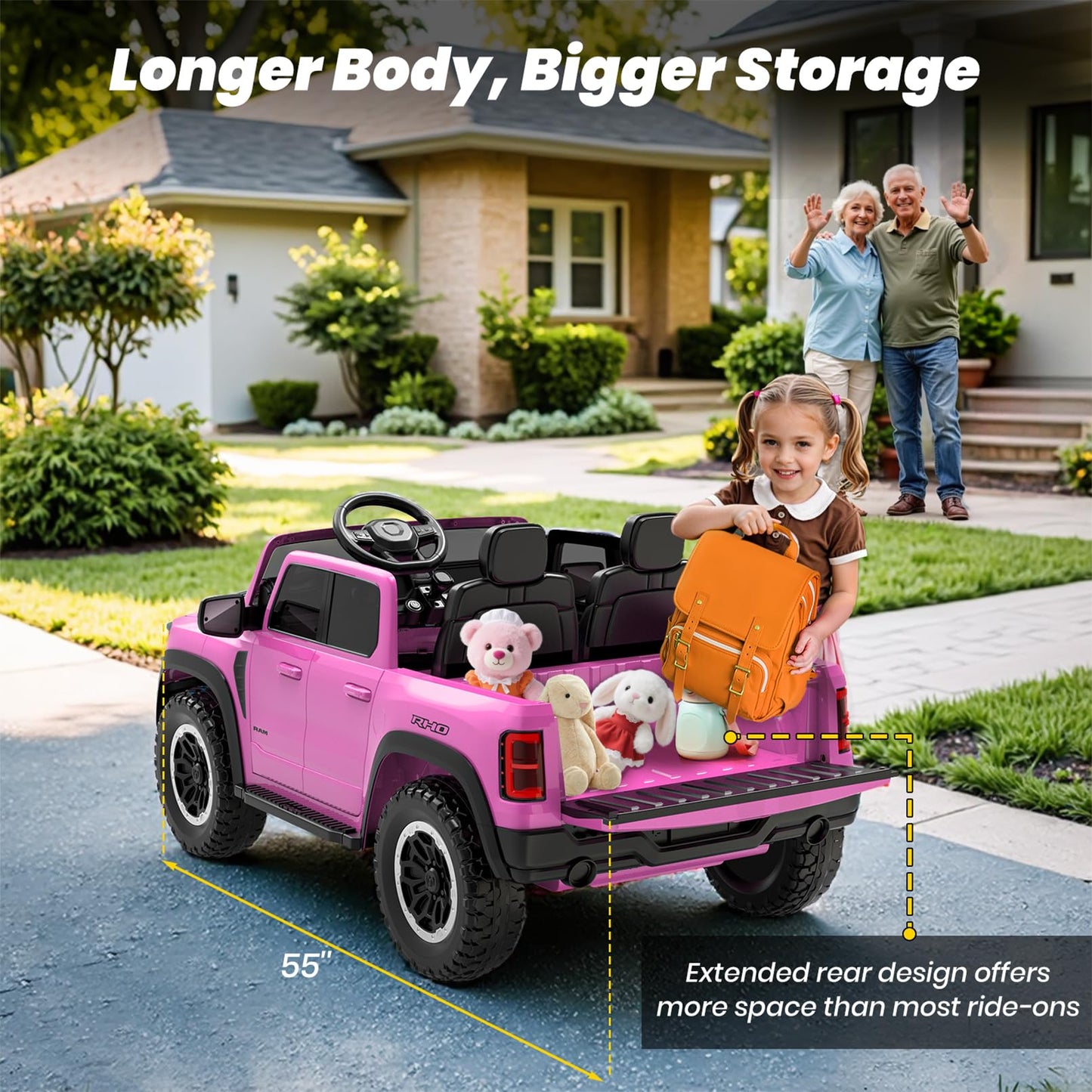 Segmart Licensed RAM 1500 RHO 2 Seater Electric Car, 24V Ride on Car for Big Kids with Remote Control, Toddler Ride on Toy w/4 Wheels Suspension, LED Lights, Bluetooth, Soft Start Function (Pink)