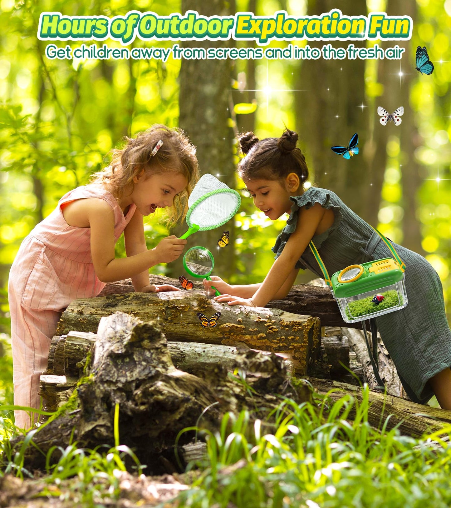 Bug Catcher for Kids, 17 PCS Bug Catching Kit with Bug Collector Toy Bugs Butterfly Net Magnifying Glass Insect Catcher Tweezers, Outdoor Explorer Kit for Kids Age 3 4 5 6 7 8