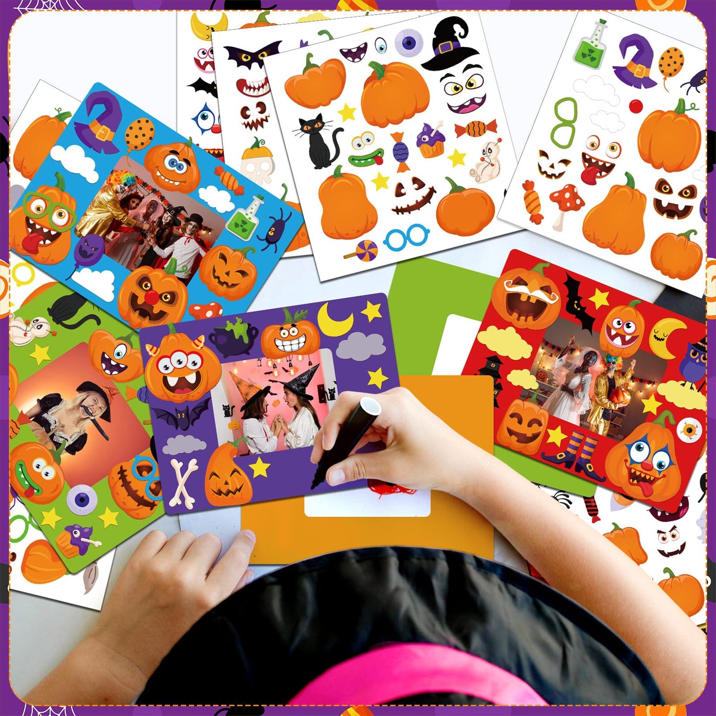 Qunclay 96 Pcs Halloween Picture Frame Craft Pumpkin Make a Face Stickers Picture Frames DIY Photo Frame Craft Classroom Home Game Activities Holiday Gift