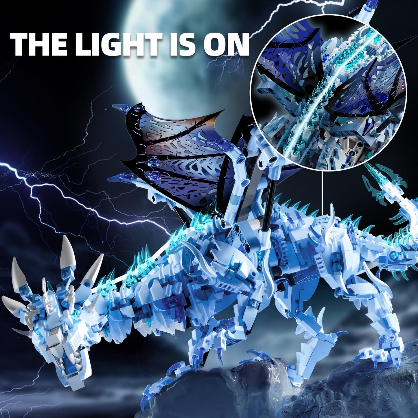Myth Qholve Mechanical Dark Ice Dragon Building Block Set with Hand Crank Motion Movable Head, Wings & Limbs Fantasy Dragon Model Kit for Teens & Adults