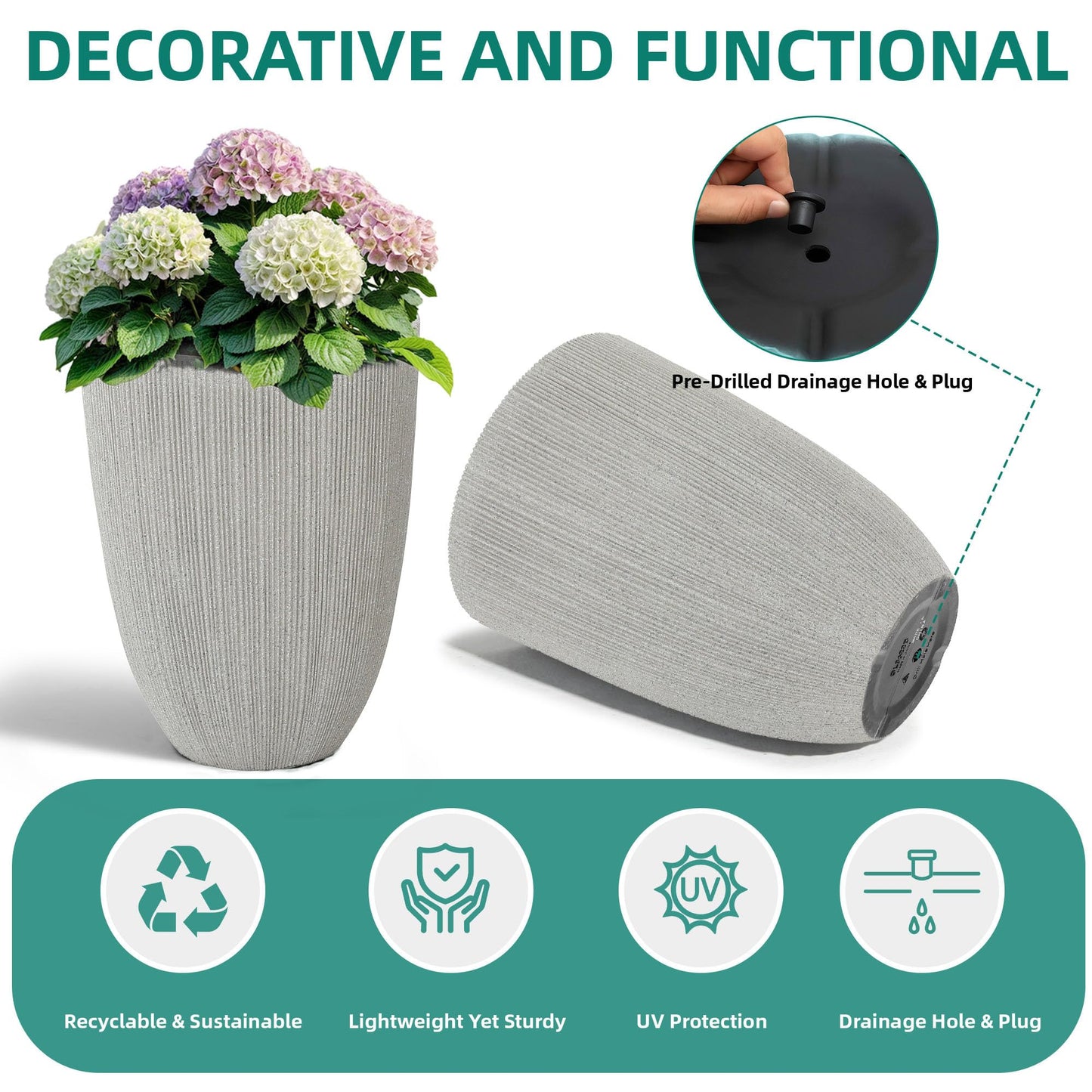 Ultym 19" Tall Beige Fluted Planters for Indoor & Outdoor, Set of 2 Large Mediterranean-Style Resin Flower Pots with Drainage Holes, UV & Weather Resistant for Patio Porch Home Office Decor