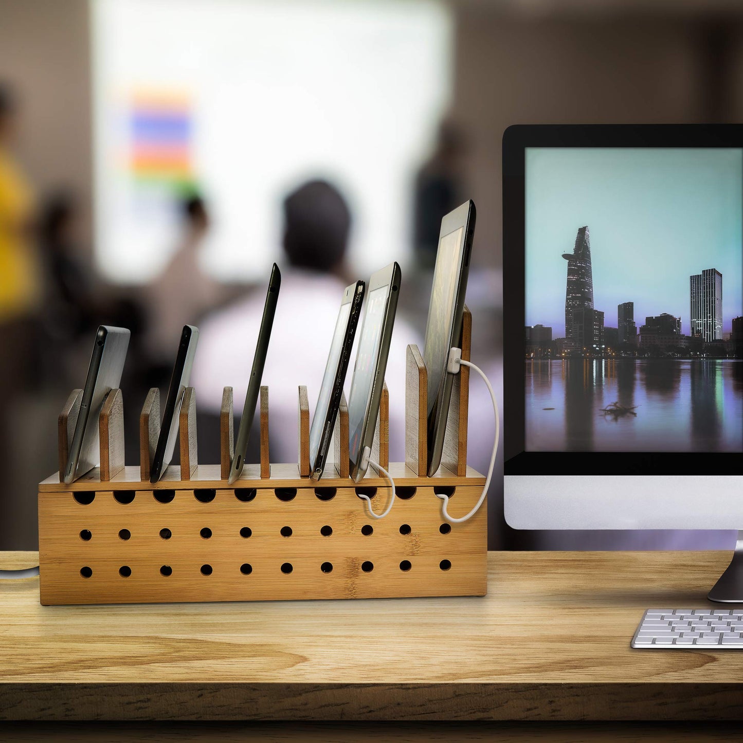 Prosumer's Choice Multi Device Charging Station - Bamboo Charging Dock and Cord Organizer for 10 Devices - Bamboo Desk Organizer Rack with Cable Box for Power Strip Storage, Phones and Tablets
