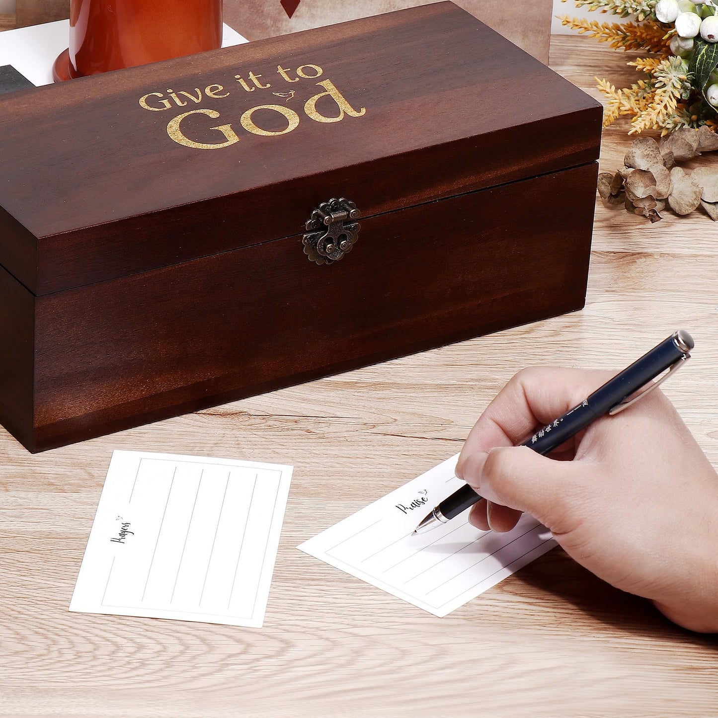 Prayer Box – Acacia Wood & Metal, Engraved “Give it to God,” Includes Prayer & Praise Cards, Decorative Religious Gift