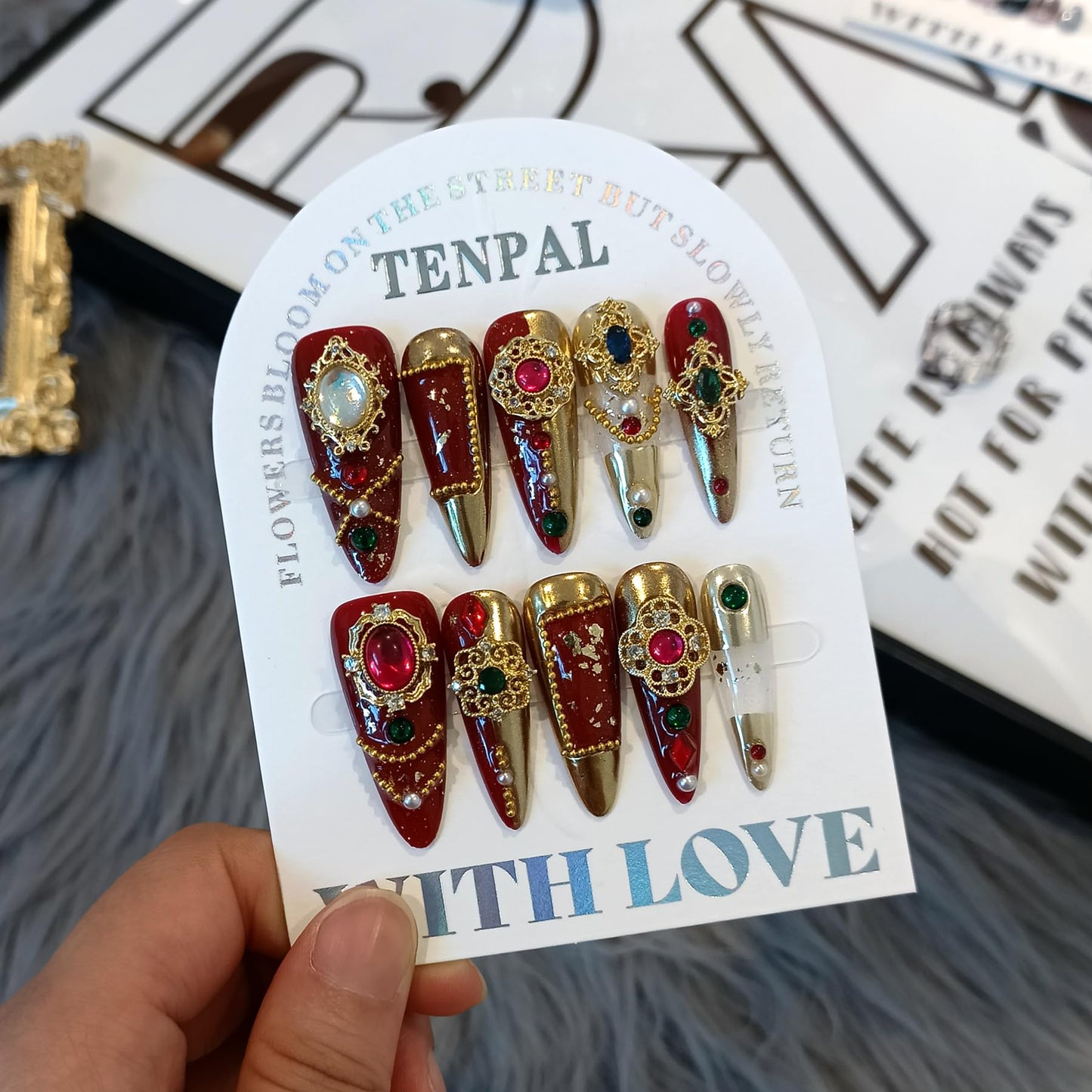 TENPAL Imperial Bridal Press On Nails Long Stiletto,Phoenix Vermeil Ruby Filigree Designs Glue on Nails,Heirloom Cameo False Nails 10Pcs with Tools Kit,Reusable Wedding Fake Nails for Bride Matron(S)