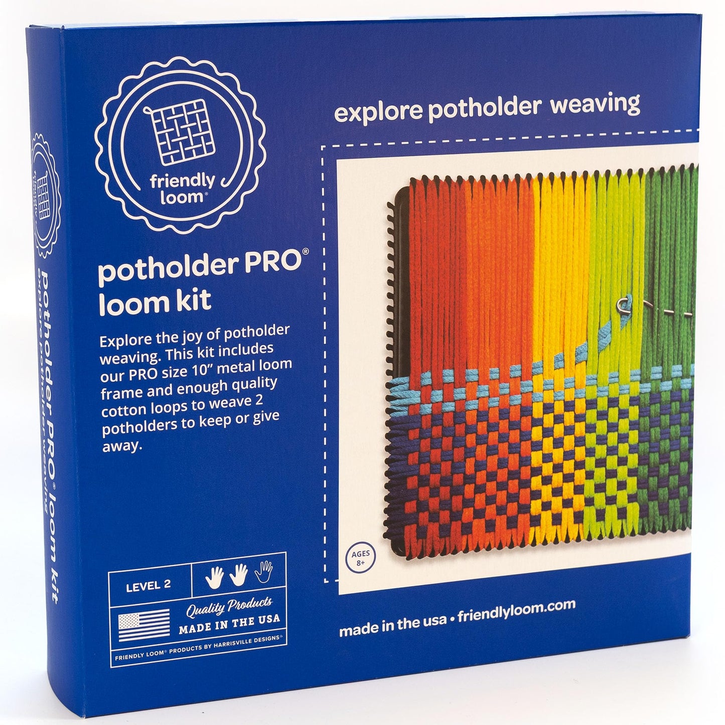 Harrisville Designs Friendly Loom Potholder Pro Weaving Kit | 10”x10” Sturdy Metal Loom and Quality Cotton Weaving Loops | Complete Kit to Weave 2 Large, Durable Potholders | Made in the USA