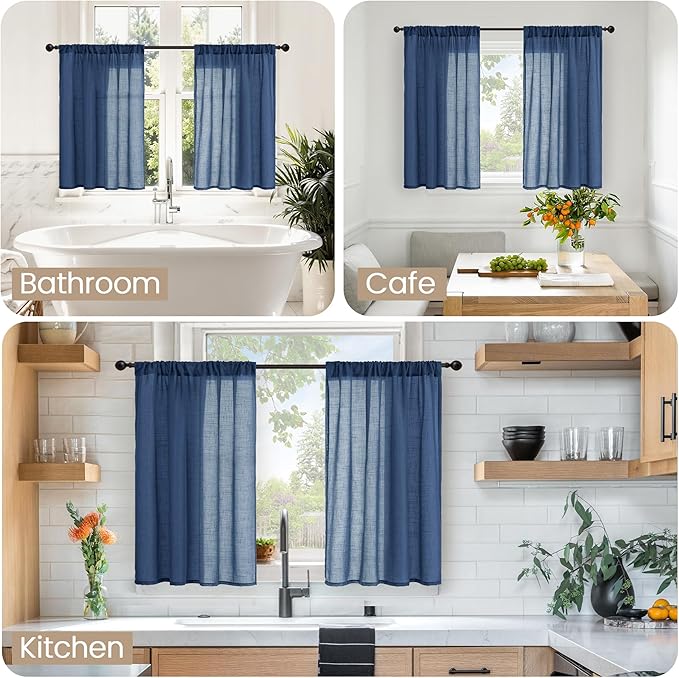 BGment Navy Blue Small Linen Curtains 36 Inch Length for Kitchen Window, Semi Sheer Drapes Lightweight for Bathroom Cafe Decor with Rod Pocket, 2 Panels Set, 30 Inch Wide
