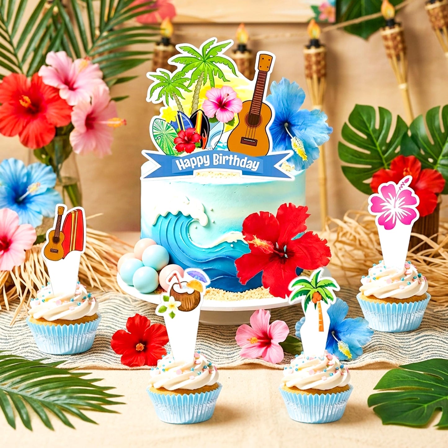 LaVenty Hawaiian Birthday Cake Decorations Tropical Cake Topper Luau Birthday Cake Toppers Hibiscus Flowers Cake Decorations