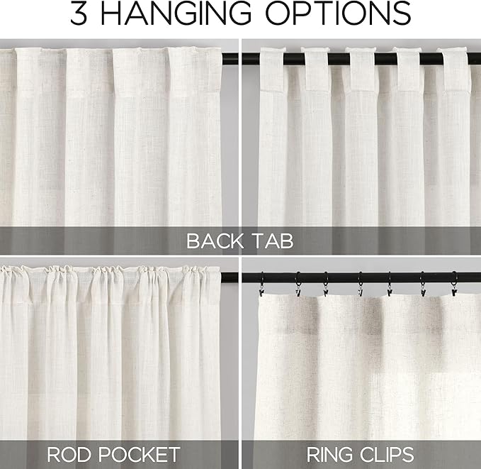 Nanspring Beige White Linen Curtains for Living Room 98 Inches Long Back Tab and Rod Pocket Light Filtering Semi Sheer Curtain Rustic Farmhouse Decor Luxury Drapes for Bedroom Office 52x98, 2 Panels