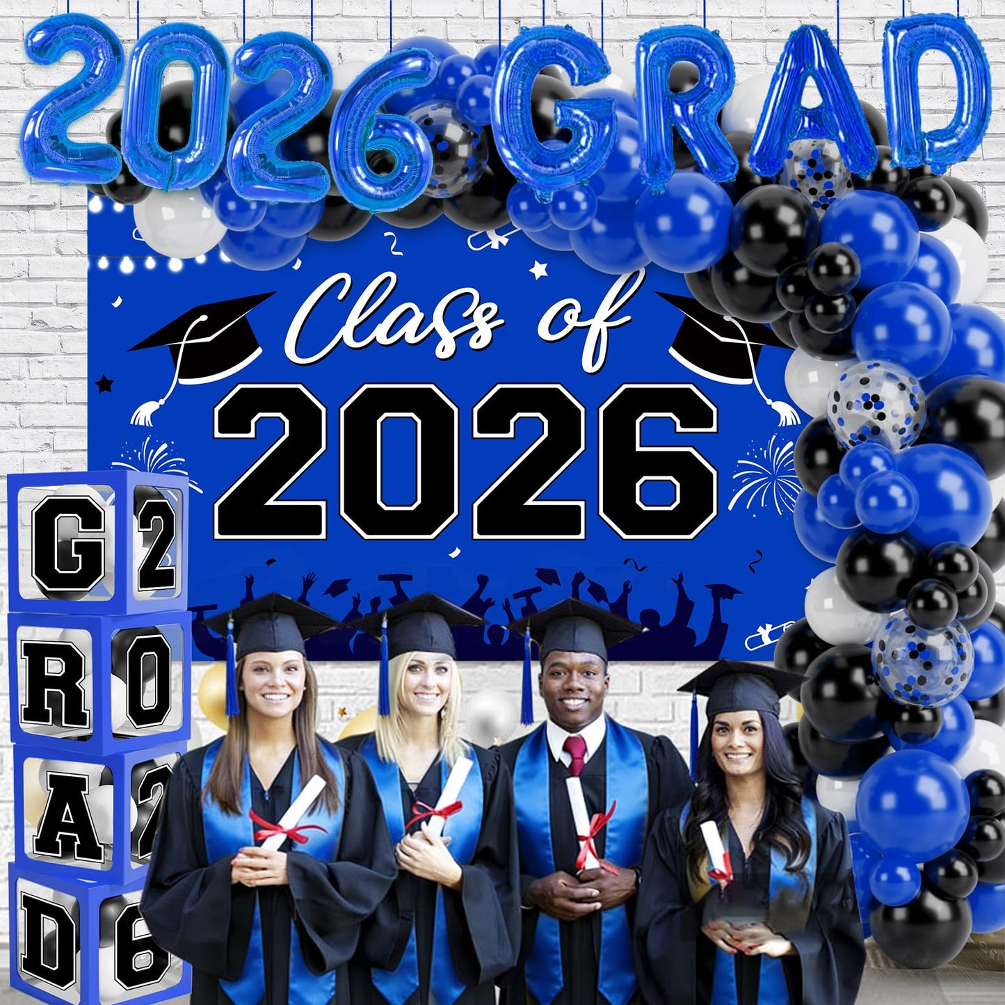 Graduation Decorations 2026, Blue Black Graduation Party Decorations 123pcs Balloon Boxes with Letters, Balloon Arch Kit and Backdrop for 2026 Grad Decor Class of Party Supplies