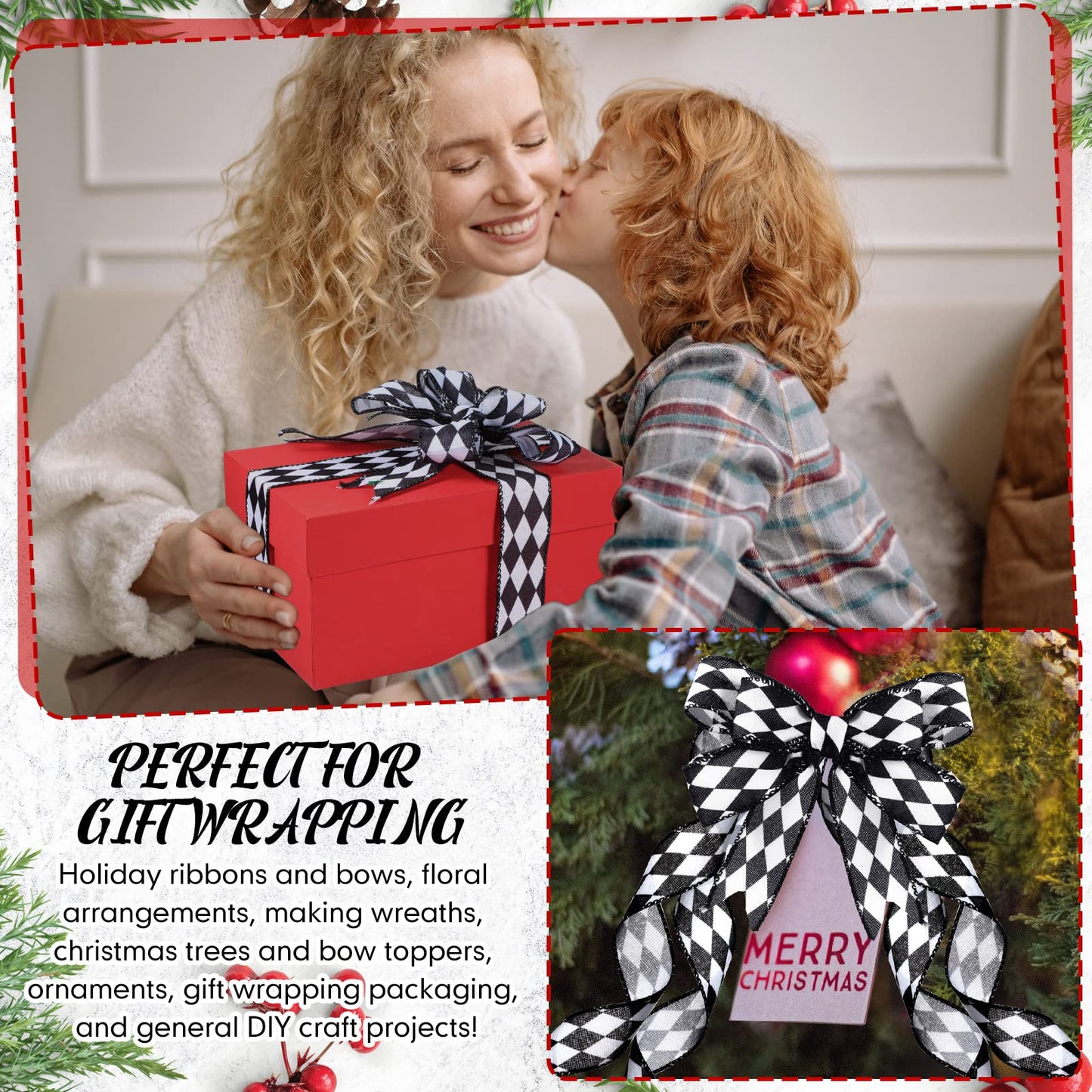 Luinabio 3 Rolls 30 Yard 1.5 Inch Christmas Black White Harlequin Ribbon Checkered Wired Ribbon Decorative for Xmas Fall Tree Wrapping Wreath Bouquet Crafts (Classic Style)