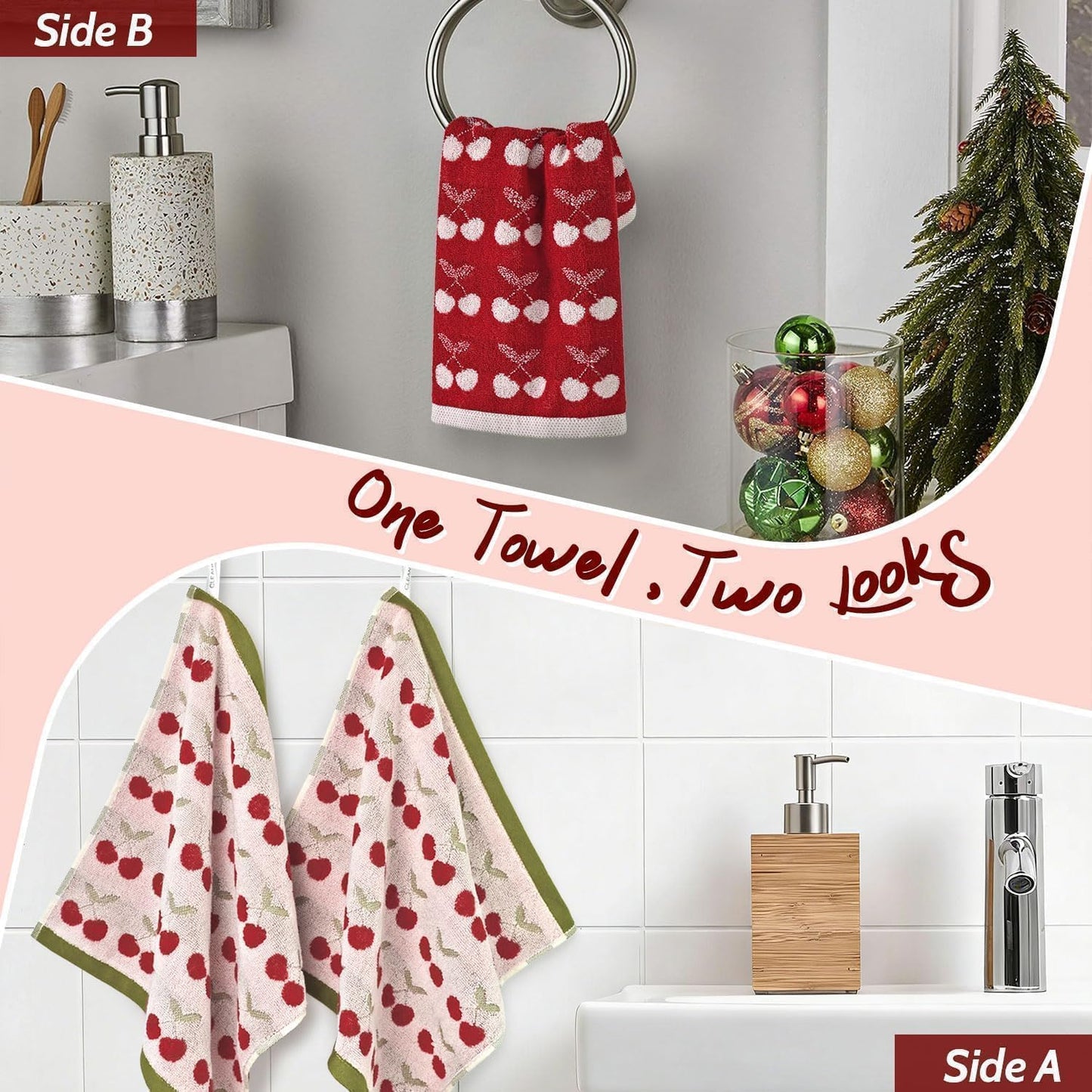 Cleanbear Cherry Pattern Washcloths 6 Pack, Reversible Cotton Wash Cloths 13 x 13 Inches, Soft Absorbent Face Towels for Bathroom, Red
