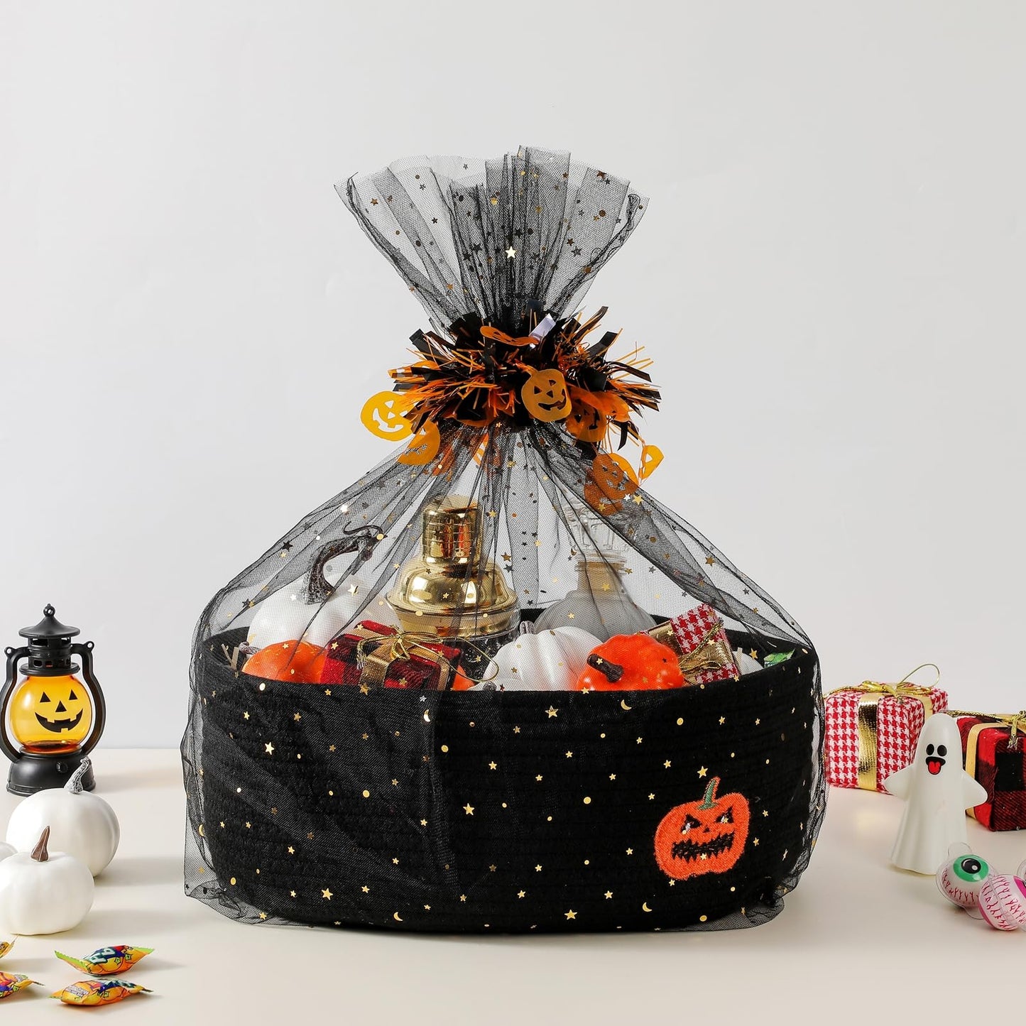 Halloween Basket Gift Baskets Empty with Decor Ribbons, Woven Rope Pumpkin Candy Baskets with Festive Tulle Bag Set for Halloween Party Supplies Favors, Toy Storage Basket for Baby and Pet 14.2" L x 9.8" W x 5.1" H