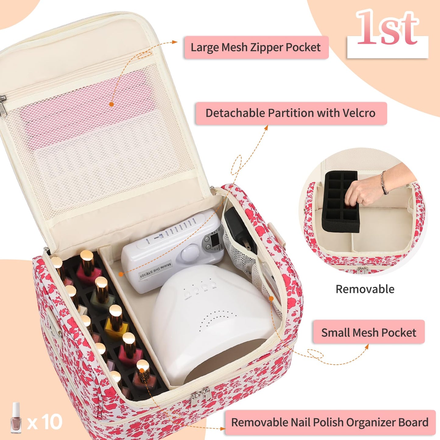 CUBETASTIC Nail Polish Organizer, Nail Supplies Storage Case Holds 45 Bottles Nail Polish & Nail Lamp, Travel Nail Tech Carrying Bag, Nail Kit Bag For Nail Stuff & Manicure Tools