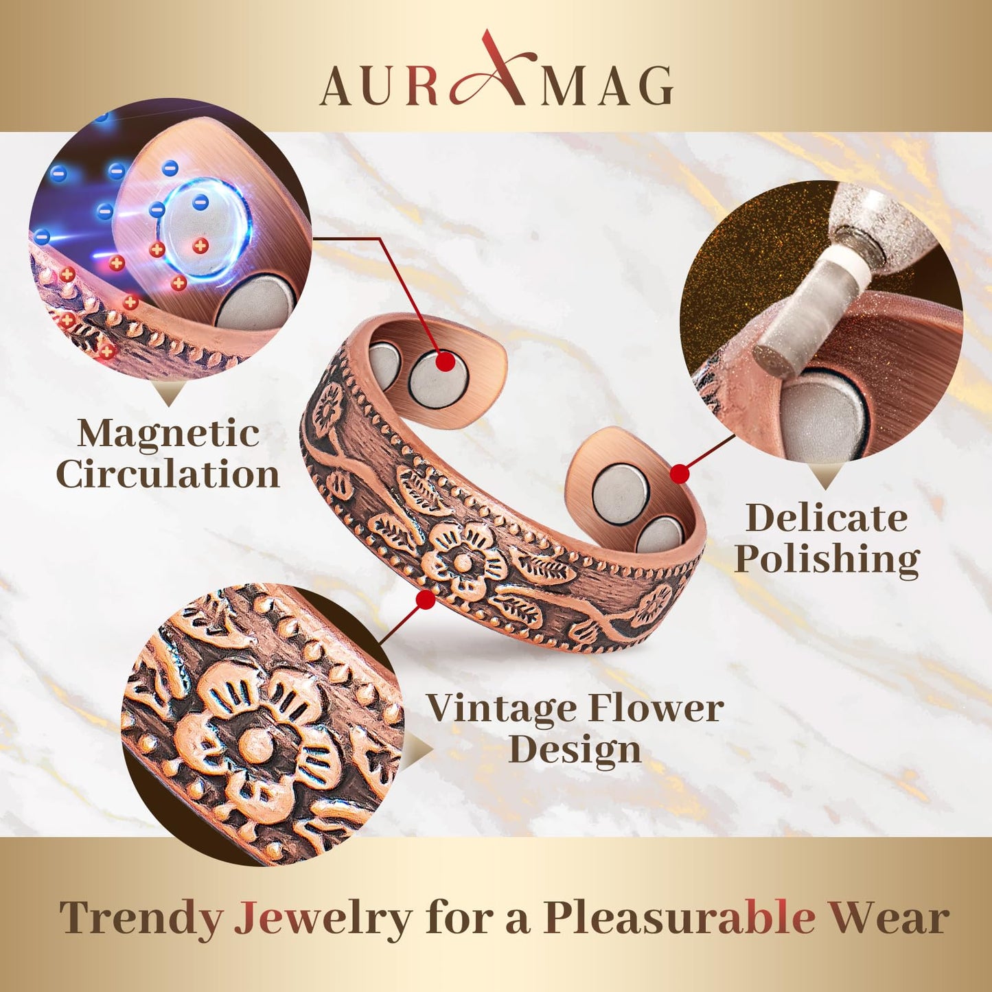 Auramag Copper-Flower Magnetic Rings, 99.99% Pure Copper, 2 Count, One Size, Open Circle, Female, 0 Carats, 3500 Gauss, Lymph Drainage & Blood Circulation, Gift Box & Cloth Included
