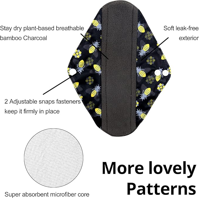 wegreeco Reusable Menstrual Pads for Women - Reusable Sanitary Pads | Reusable Panty Liners | Soft Cloth Menstrual Pads - 5 Pack, 1 Cloth Wet Bag (M, Bee & Bloom)