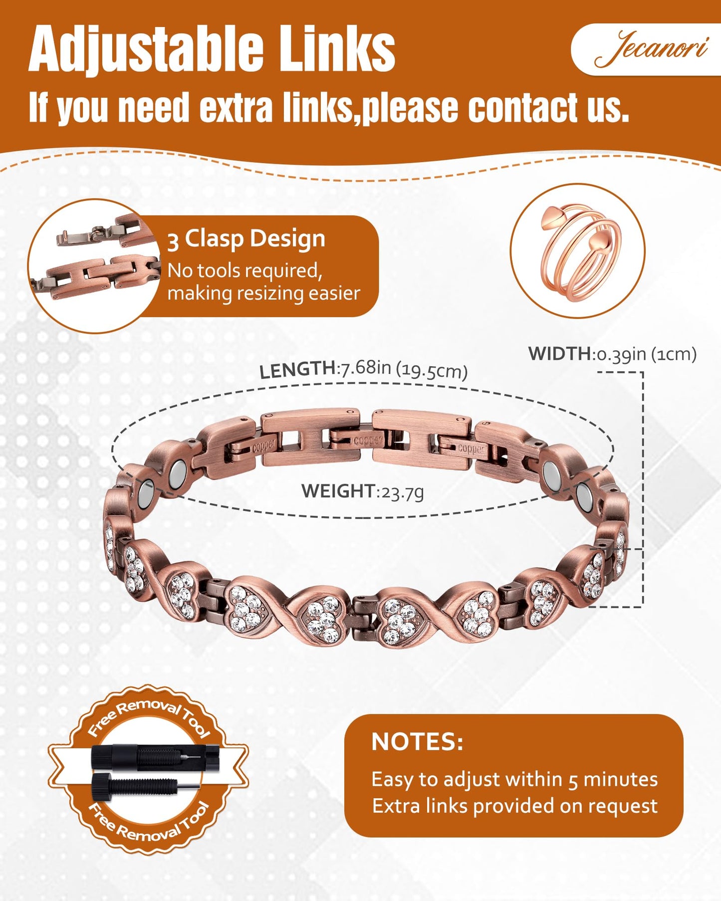 Jecanori Pure Copper Bracelets for Women, Effective Copper Magnetic Healing Bracelets for Women, Jewelry Gifts with Sizing Tool