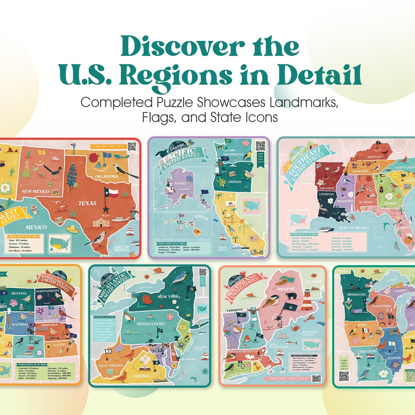 Geotoys USA Regional Jigsaw Puzzle Bundle - Set of 7 Jigsaw Puzzles for Kids Ages 8-12 - 250 Piece Puzzles for Kids Featuring New England, Midwest, Pacific & More – Regional US Map Puzzle with Flags