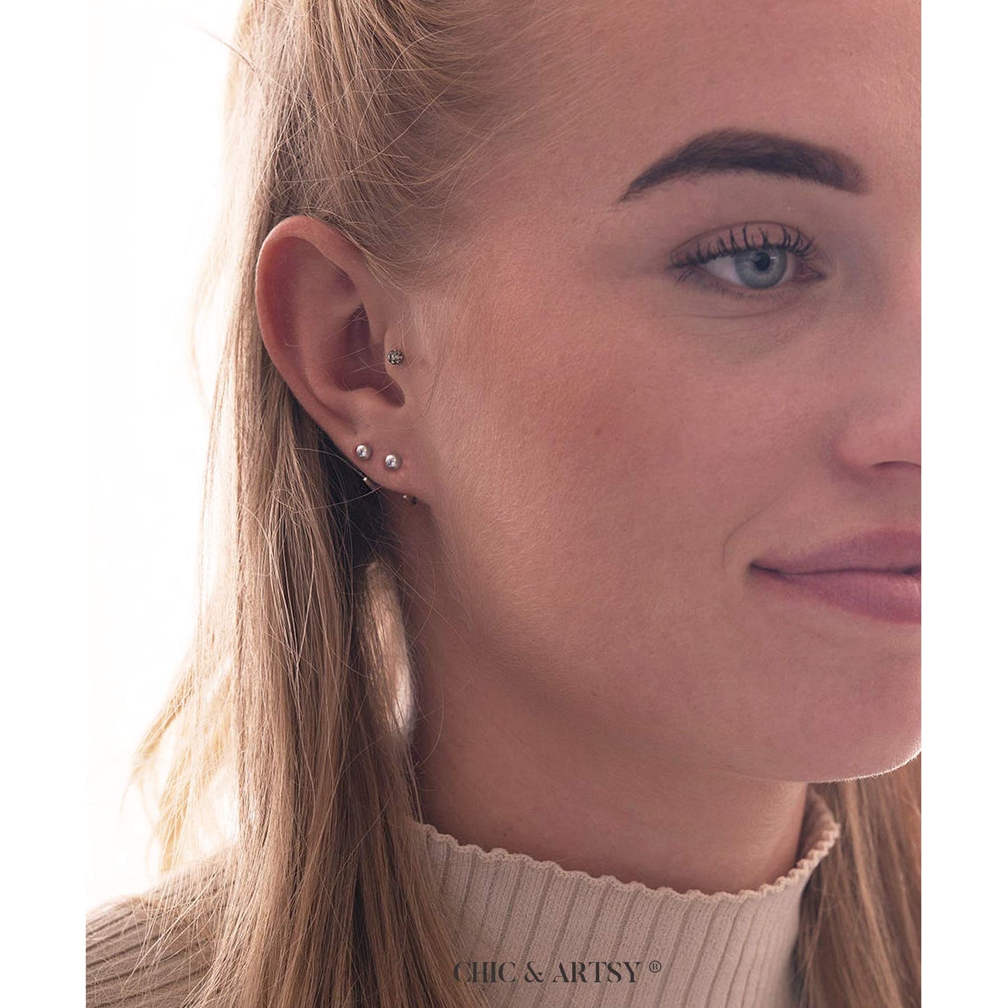 4mm Half Hoop Earrings 925 Sterling Silver Tiny Ball Hoop Earrings Unisex