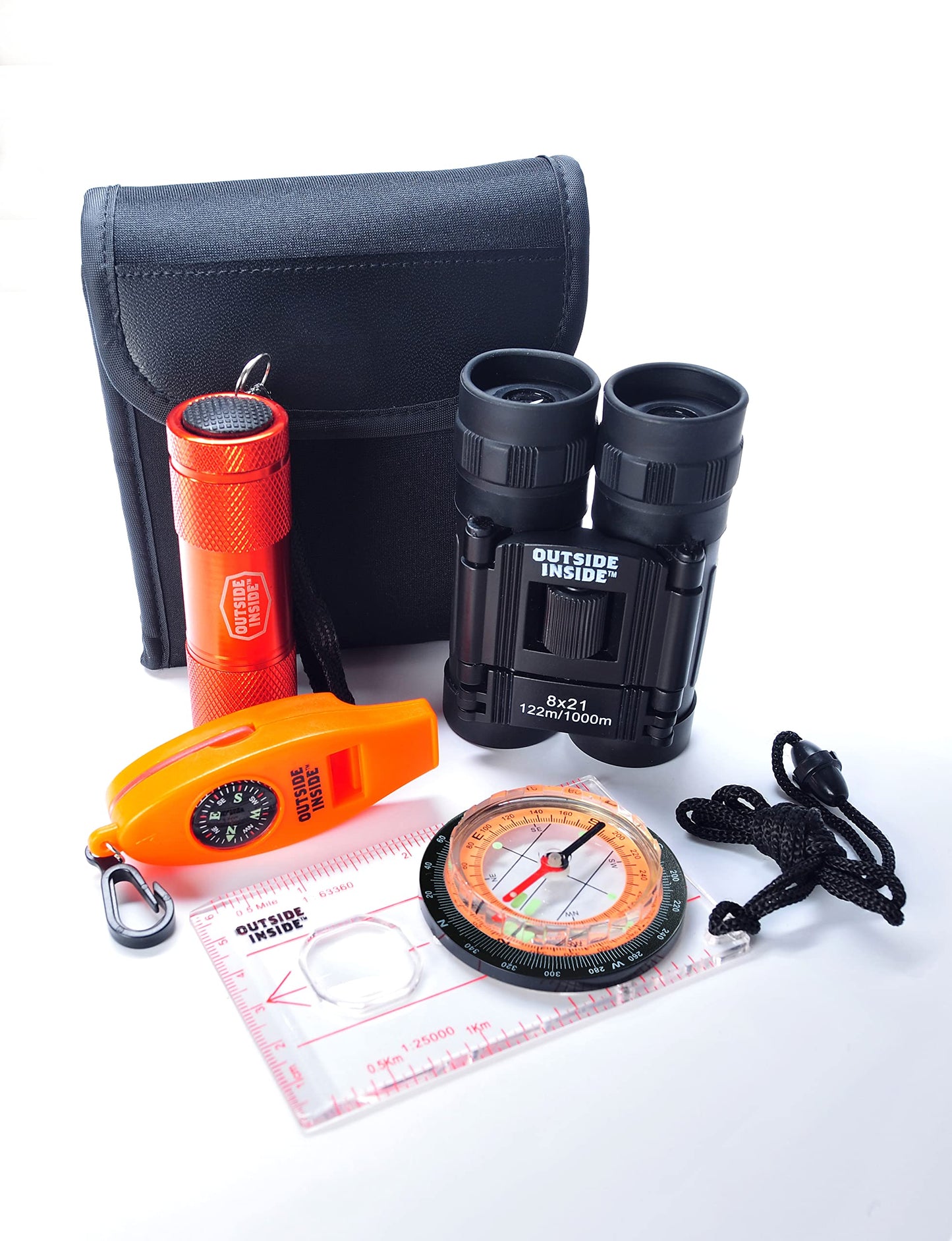 Outside Inside Explorer's Essentials Kit for Outdoor Adventures, Includes Binoculars, Compass, Flashlight and Whistle, Protective Carrying Pouch