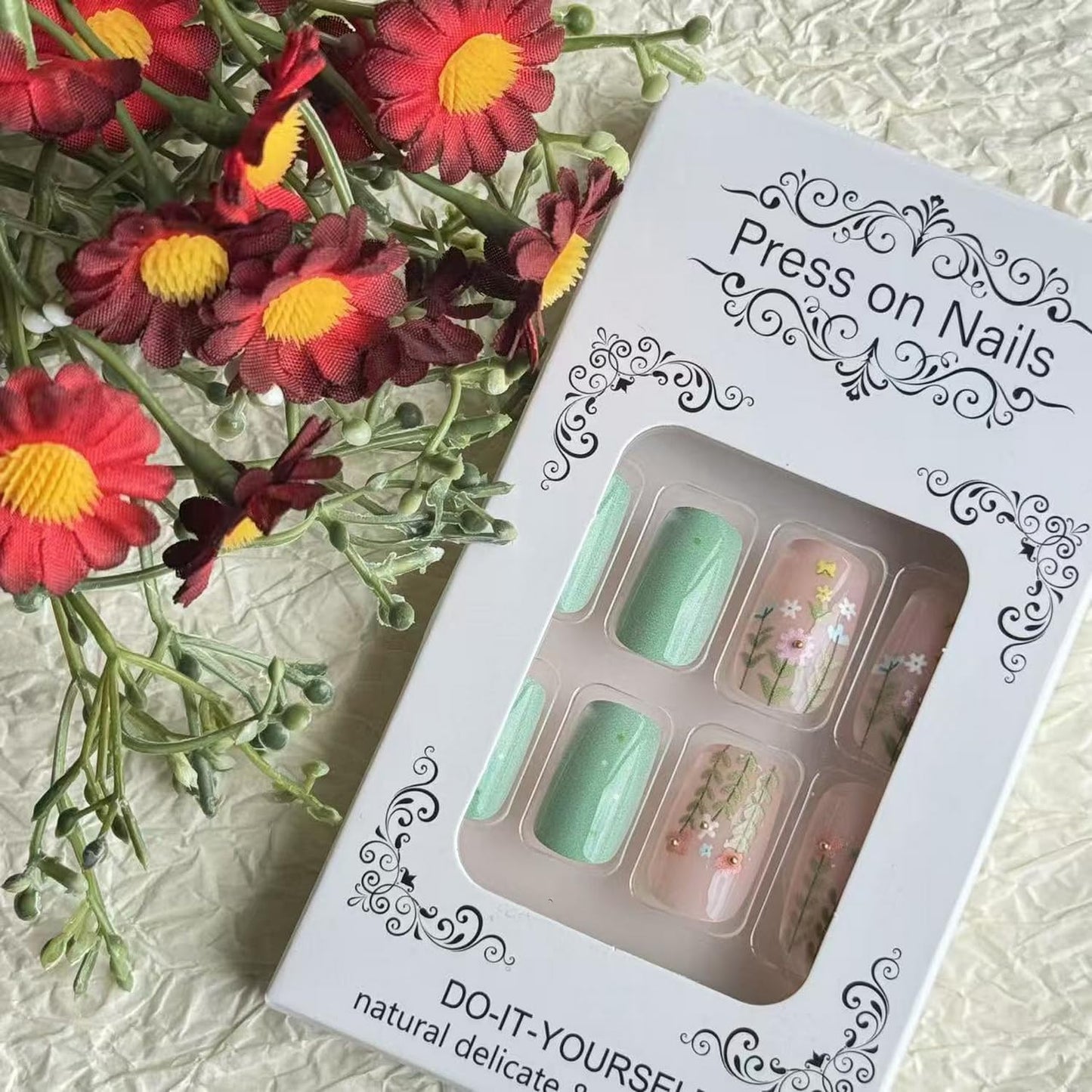 24pcs Green Press on Nail Medium Length Square Fake Nails with Flower designs Spring False Nails Glossy Cute Glue on Nails Full Cover Acrylic Stick on Press ones for Women Summer Manicure