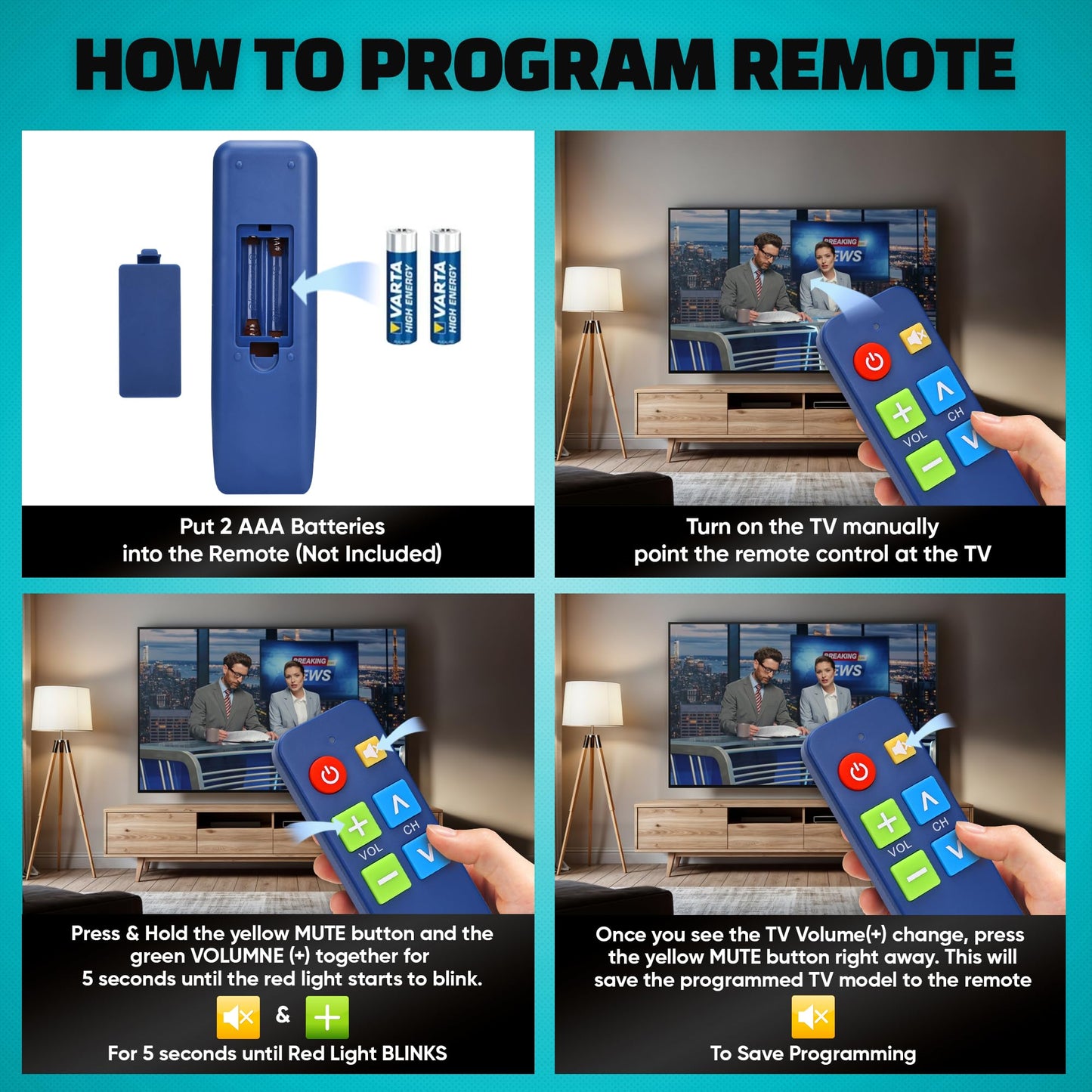 EZclicker TV Remote for Seniors, Extra Simple Big Button Remote (Blue) Works with Major TV Brands, NOT for Streaming (2xAAA Batteries Not Included)