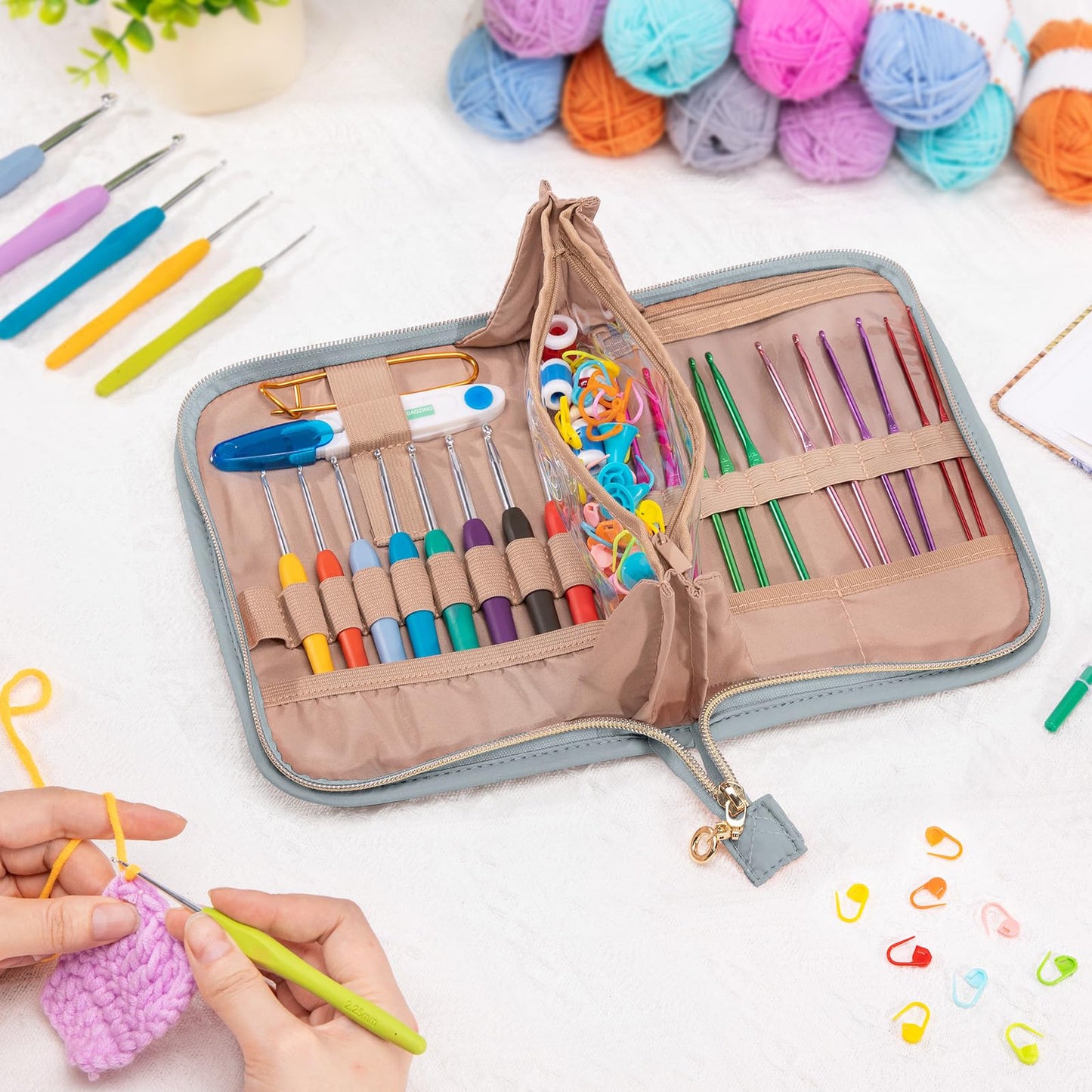 MYBAGZING Crochet Hook Set with Storage Case – 14 Ergonomic Crochet Hooks(2mm(B)-10mm(N), 10 Stitch Markers, Crochet Organizer for Crochet Needles, Accessories, and Supplies