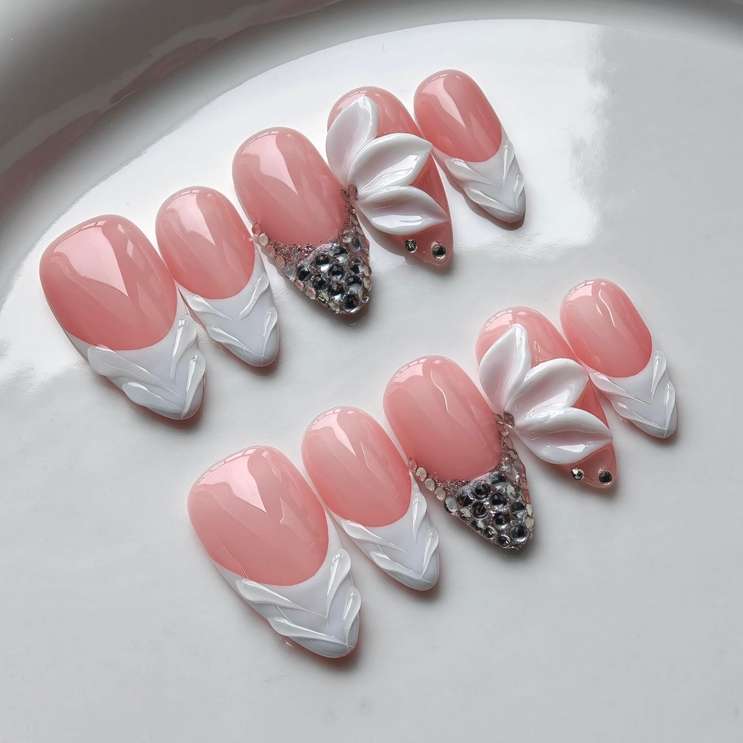 French Tip Press on Nails Handmade Medium Almond 3D Thick Acrylic Nails White False Nails with Flower Rhinestones Designs Elegant Pink Glossy Fake Nail Sturdy Art Press on Nail 10Pcs(S)