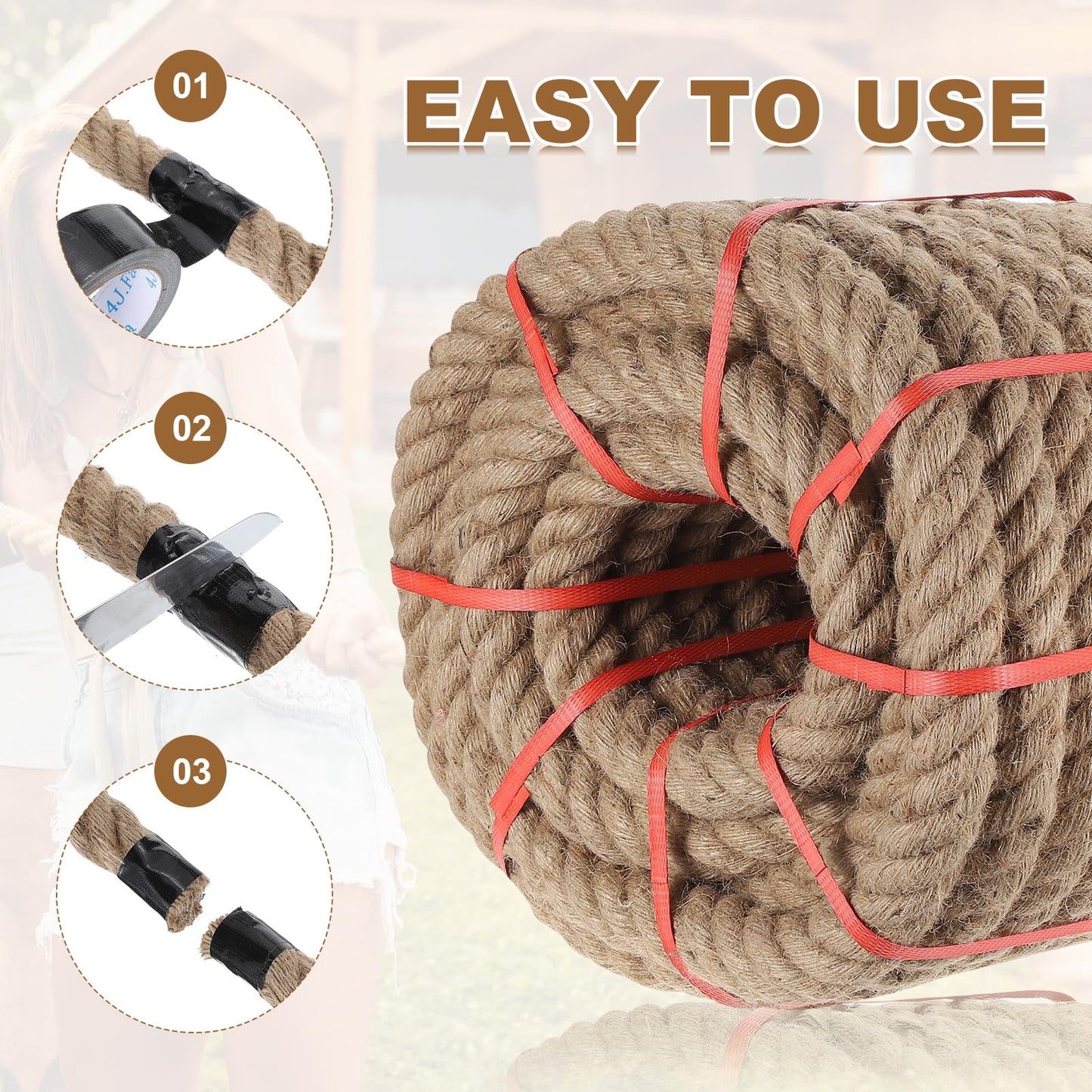 MECCANIXITY Jute Rope 1.4 Inch x 15ft, Thick Twine Rope Ropes Braided Jute Twine Natural Brown Burlap Cord String Heavy Twisted with Tapes for Decorative Crafts Railing Swing Tug of War