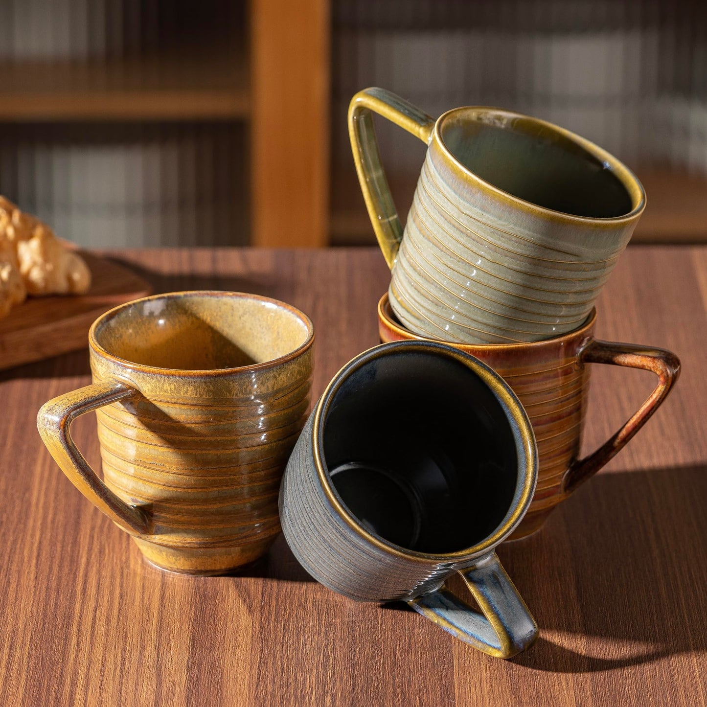 Noevany Ceramic Mugs Set of 4, Mug for Coffee Milk Latte Cappuccino Tea, Office Home Dishwasher Microwave Freezer Safe Stoneware Mixed Cup Mug 13 oz Coil A