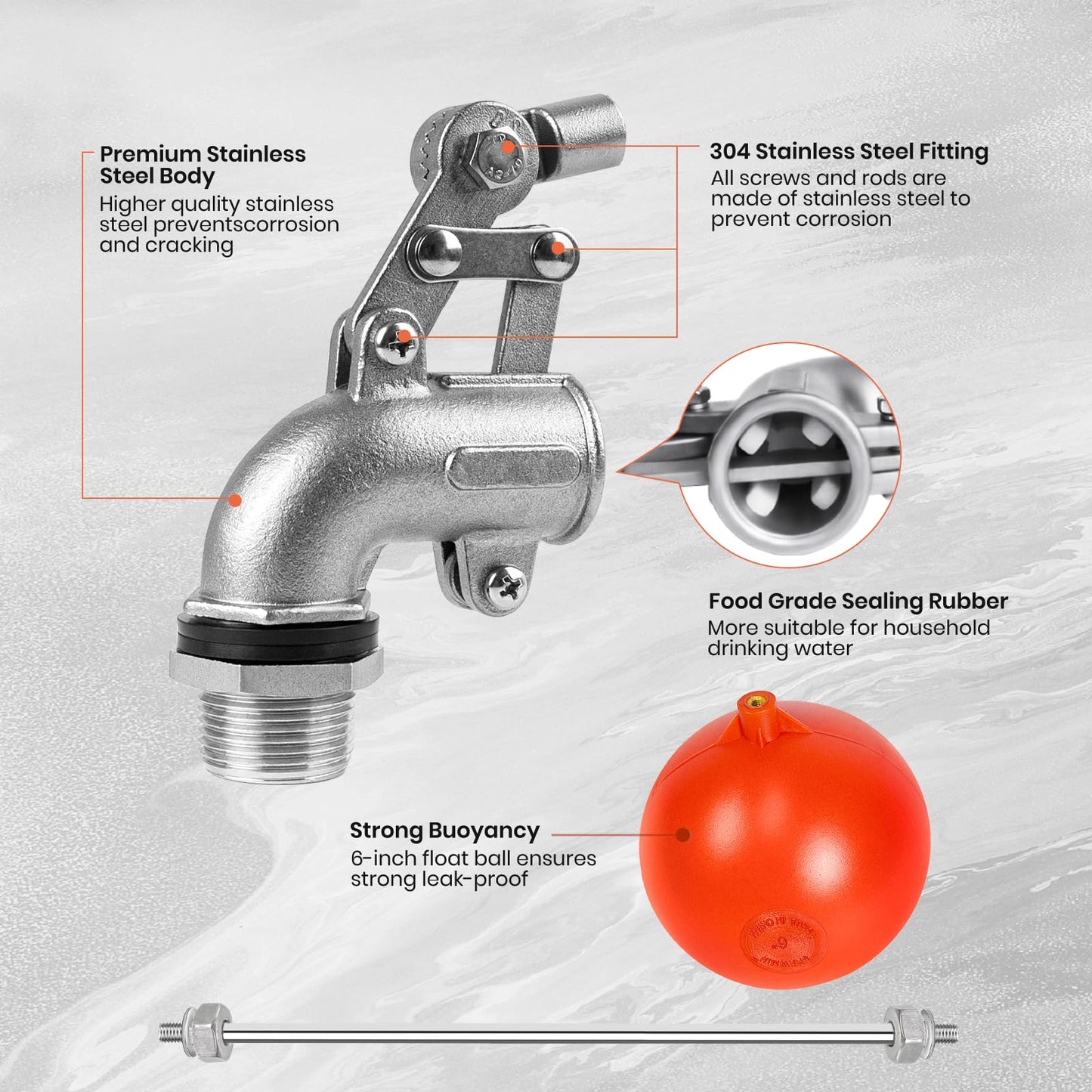 3/4 Inch Stainless Steel Float Valve for Water Tank, Heavy-Duty Design with Adjustable Angle Rod for Water Level Control, Includes 6 Inch Float Ball – Ideal for Water Troughs