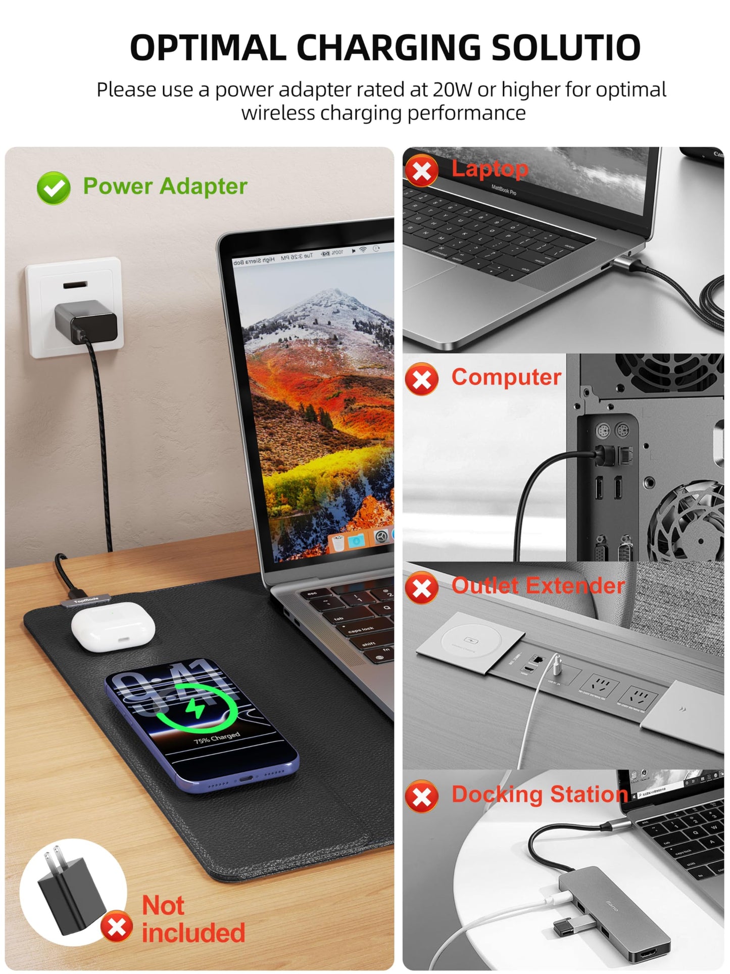 TopMade Mouse Pad with 15W Wireless Charging, XXL Large Leather Desk Mat, Waterproof Gaming Mousepad Home Office Desk Pad Protector, Computer Keyboard Pad, Mouse Mat for MacBook, PC, Laptop, Black