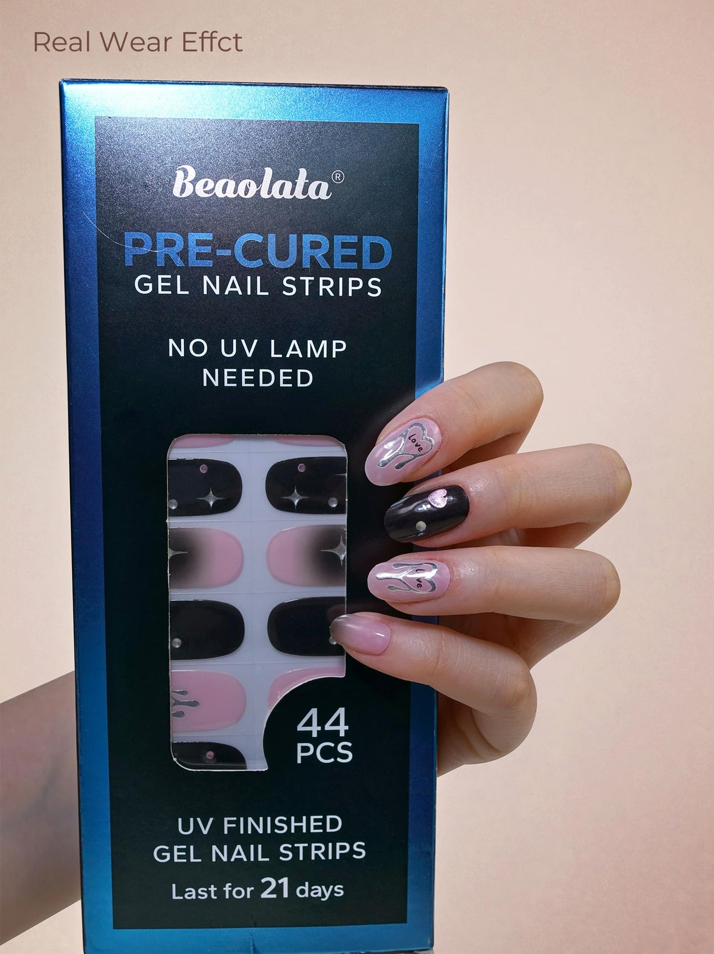 Beaolata Real Gel Nail Strips (No UV Light Needed) - 44Pcs Salon Quality Nail Stickers - Long Lasting Polish Wraps for Women, Easy Apply & Remove (Black Pulse)