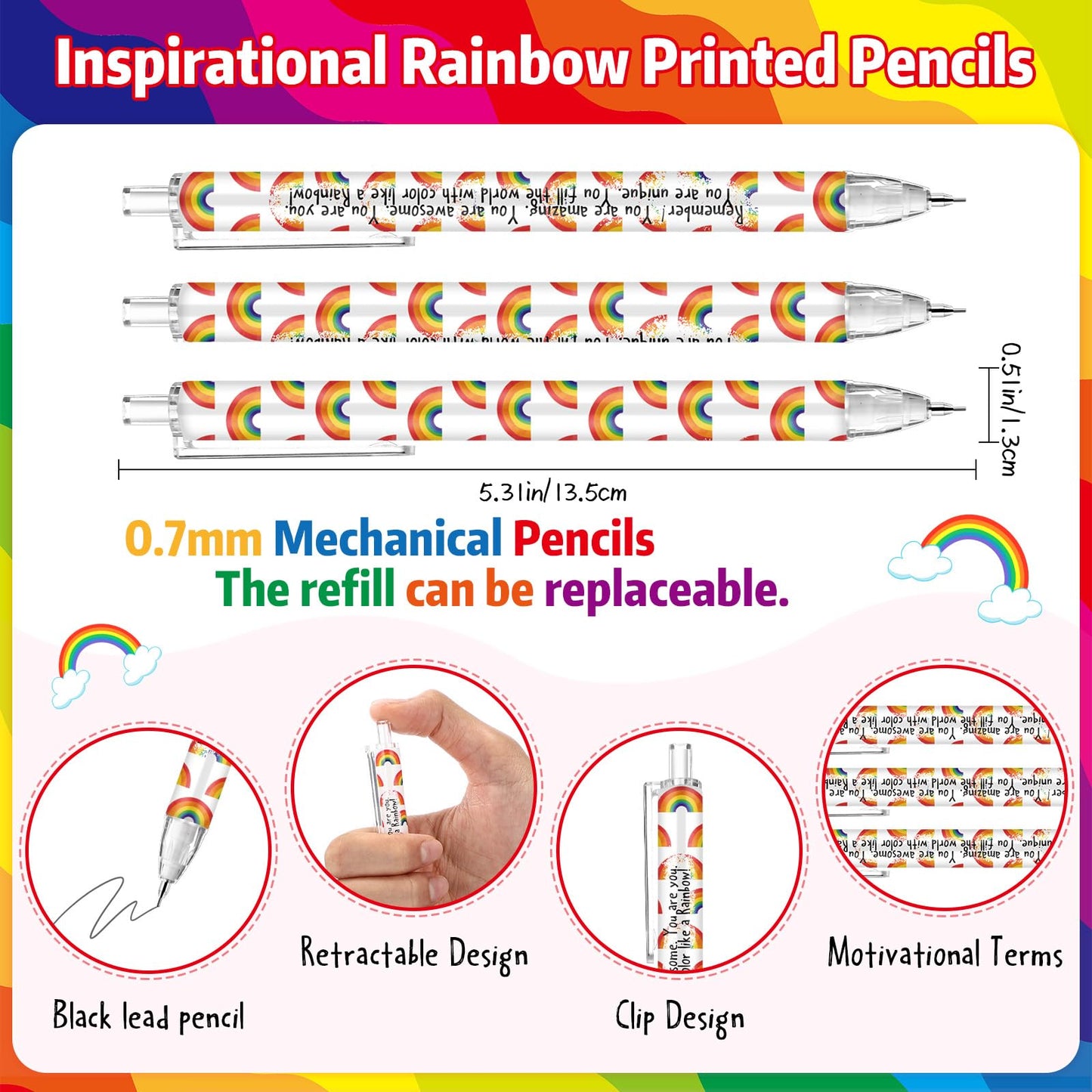 AmazingSpark 50 Set Inspirational 0.7 mm Rainbow Retractable Pencil Gifts for Students from Teacher Encouragement Affirmation Bookmark Cards Opp Bag Valentines Classroom Prize Awards for School