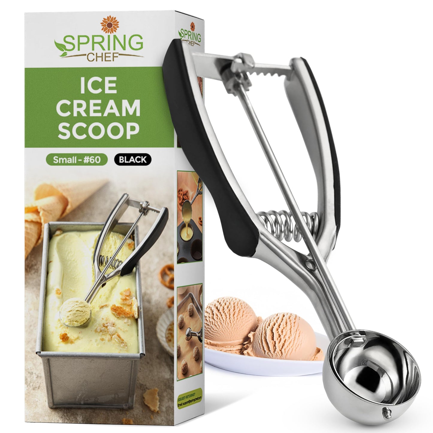 Spring Chef Small 1 Tablespoon Stainless Steel Cookie Scoop for Baking - Multifunctional #60 Cookie Dough Scoop with Trigger Release - Kitchen Scooper for Food - Dishwasher Safe Melon Baller - Black