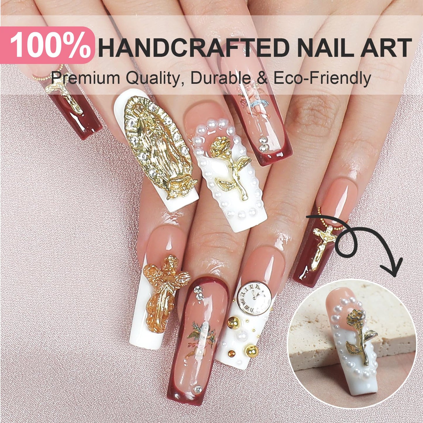 HOMSERA Handmade Press On Nails long Coffin, Reusable Stick On Fake Nails with Nails Glossy Stick on Nails Full Elegant Sexy Style For Women