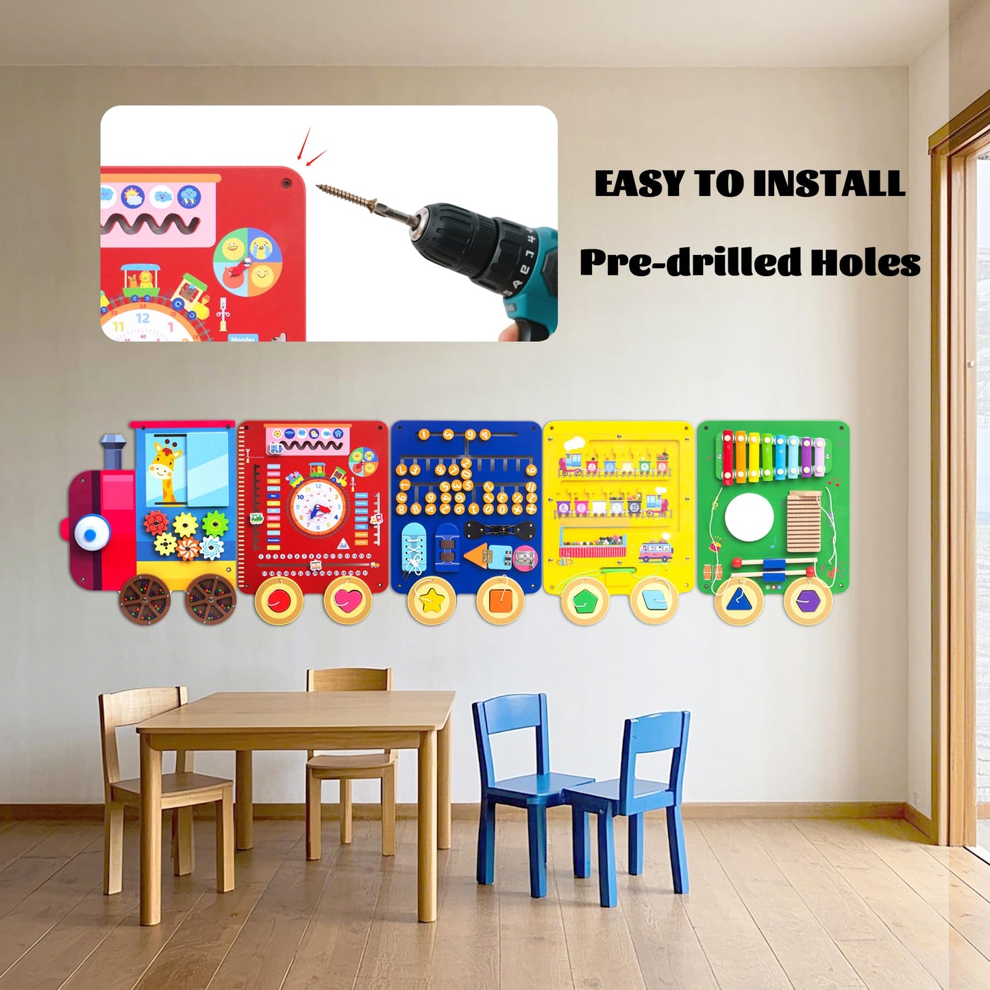 UREDISO Train Activity Wall Busy Board,Wooden Busy Board Train Activity Wall Panels,Montessori Sensory Wall Toys Panel for Kids, Learning Activity Center for Playroom,3 Years Old and Over